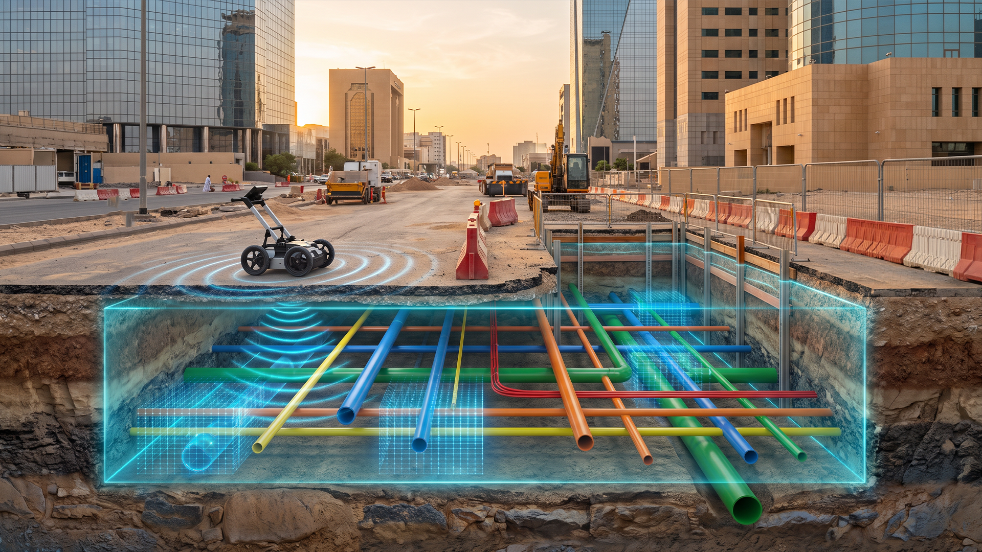 تقنيات المسح الجيوفيزيائي وكشف المرافق تحت الأرض باستخدام GPR وأجهزة الكشف عن الكابلات لحماية مشاريع البنية التحتية.